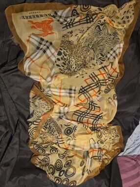 Burberry Beige Plaid & Animal Mix Silk Scarf with Orange Accents